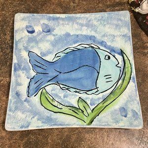 CIC signed Made In Italy Hand Painted Square Plate Blue Fish Trinket, Decorative